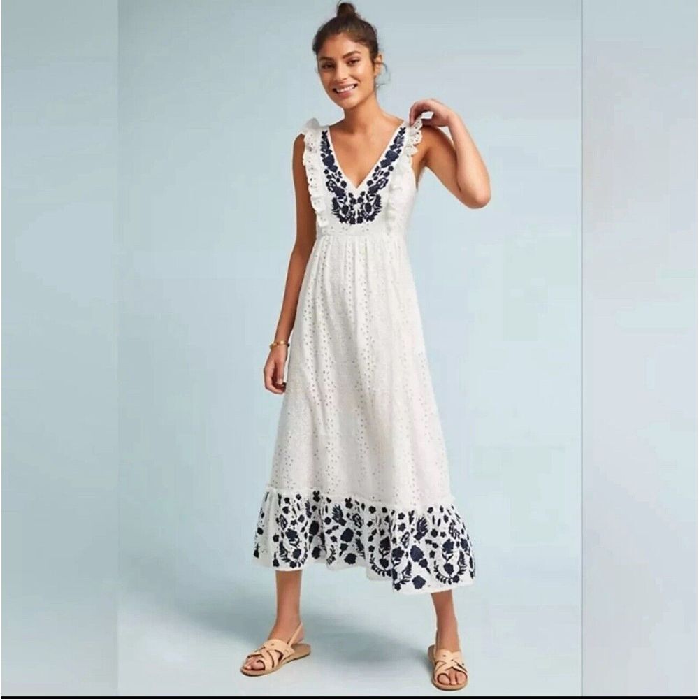 Anthropologie White and Navy Midi Dress